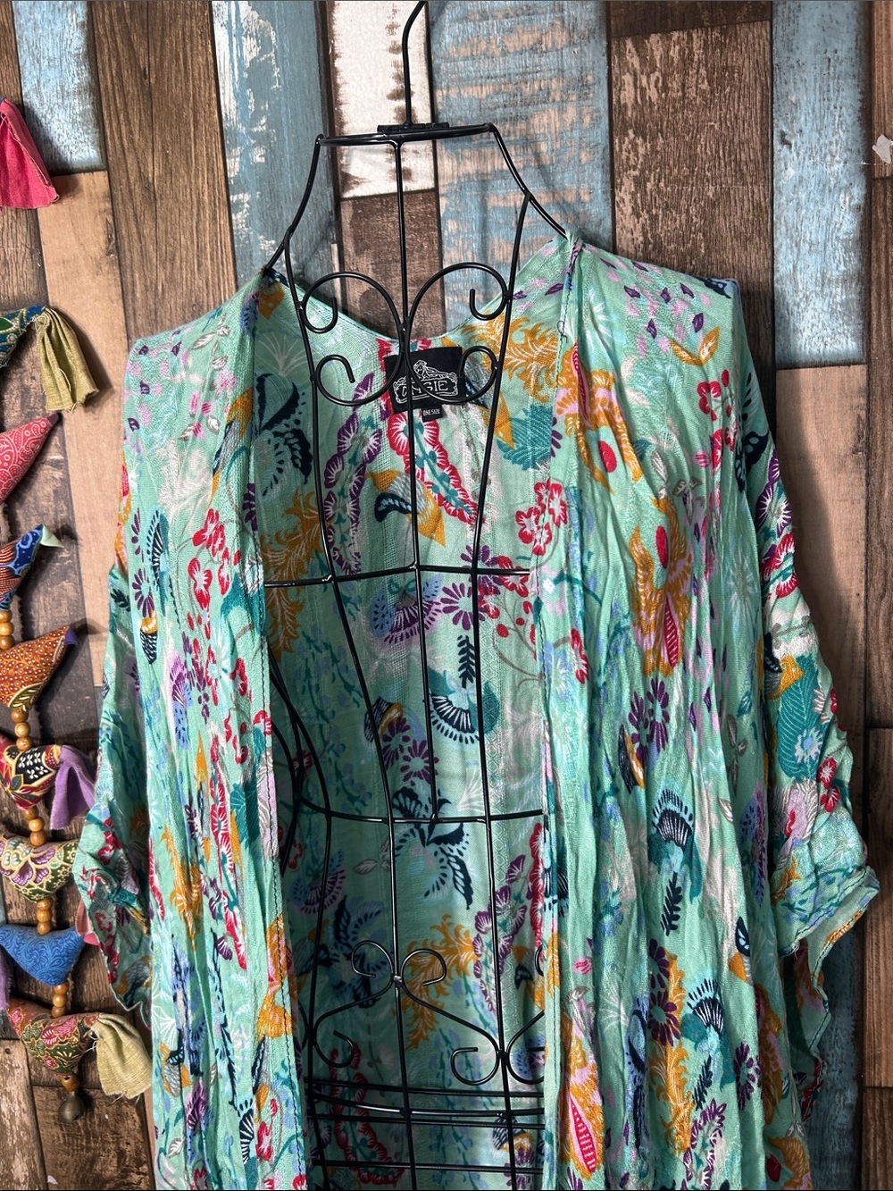Angie Mint Floral Open-Front Kimono Tunic with Black Border - Picture 3 of 16
